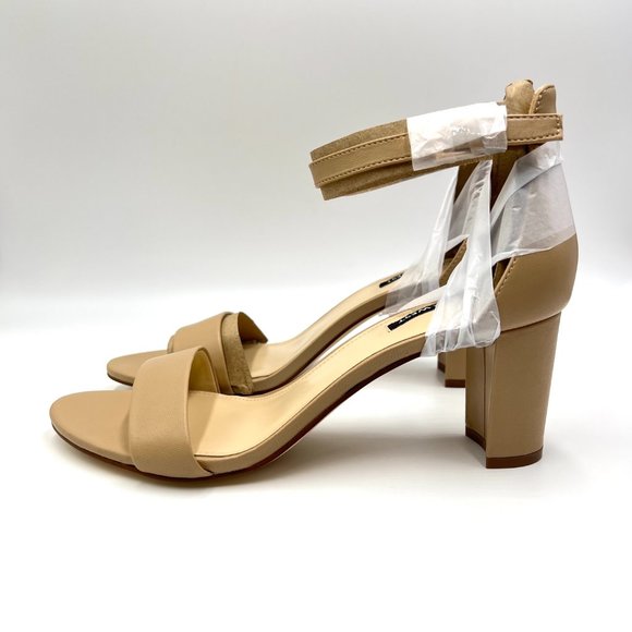 Nine West Womens Pruce Natural Nude Beige Tan Leather Block Heels Sandals Shoes - Picture 7 of 14